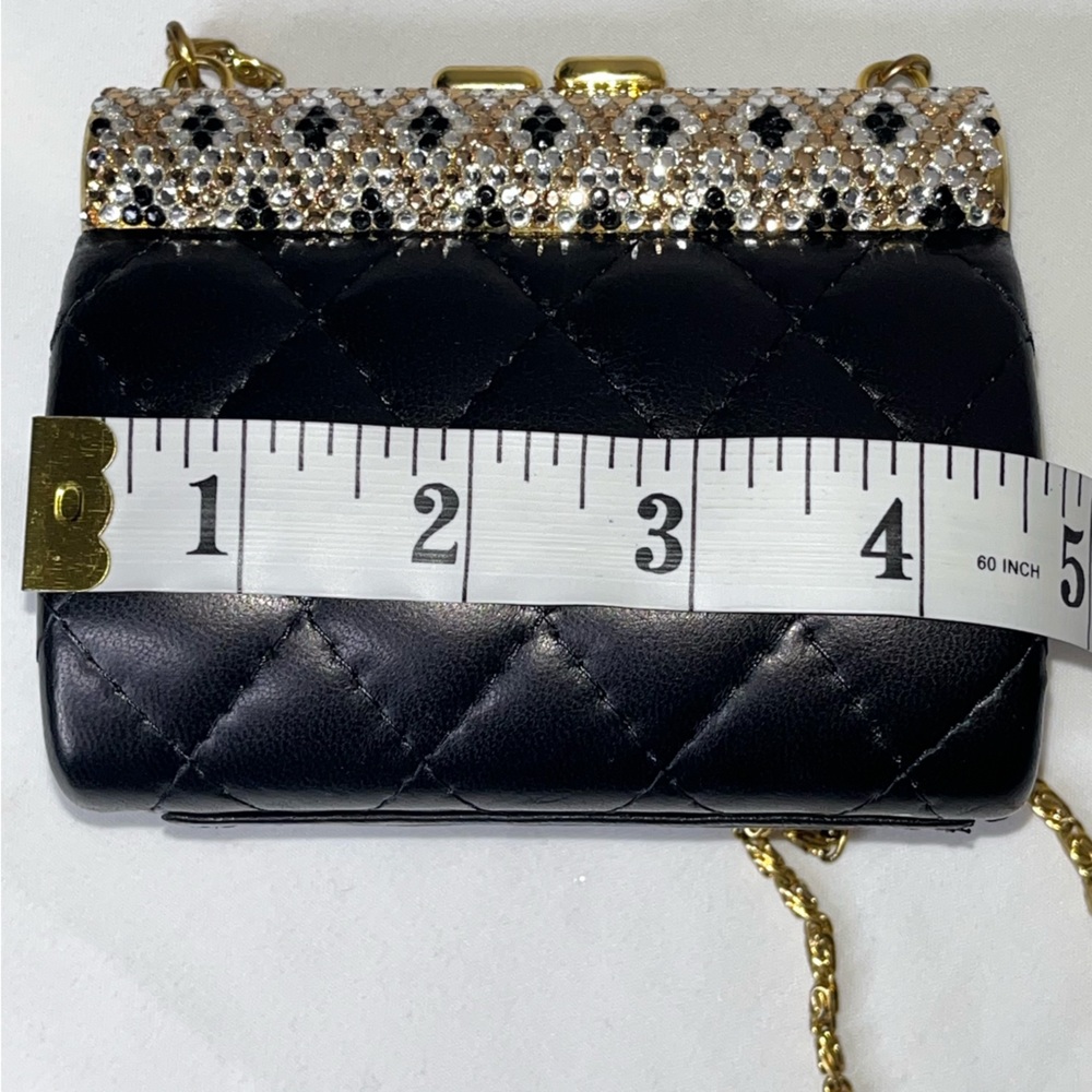 90s Beaded Rhinestone Clasp Quilted Black Leather Mini Bag Purse Chain Strap - Picture 11 of 16
